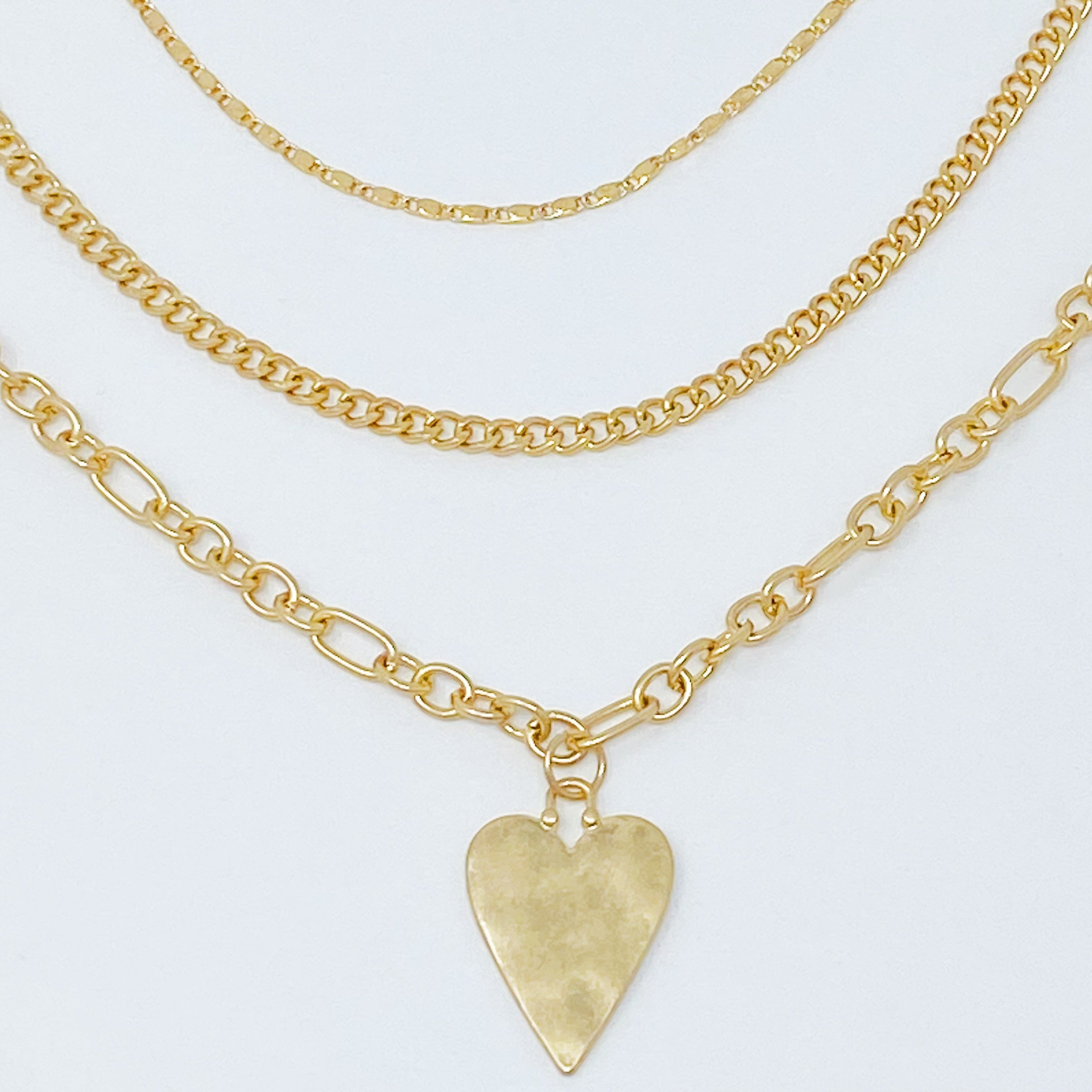 Heart Charm Layered Chain Necklace Set of 3 - hammered heart pendant on chain