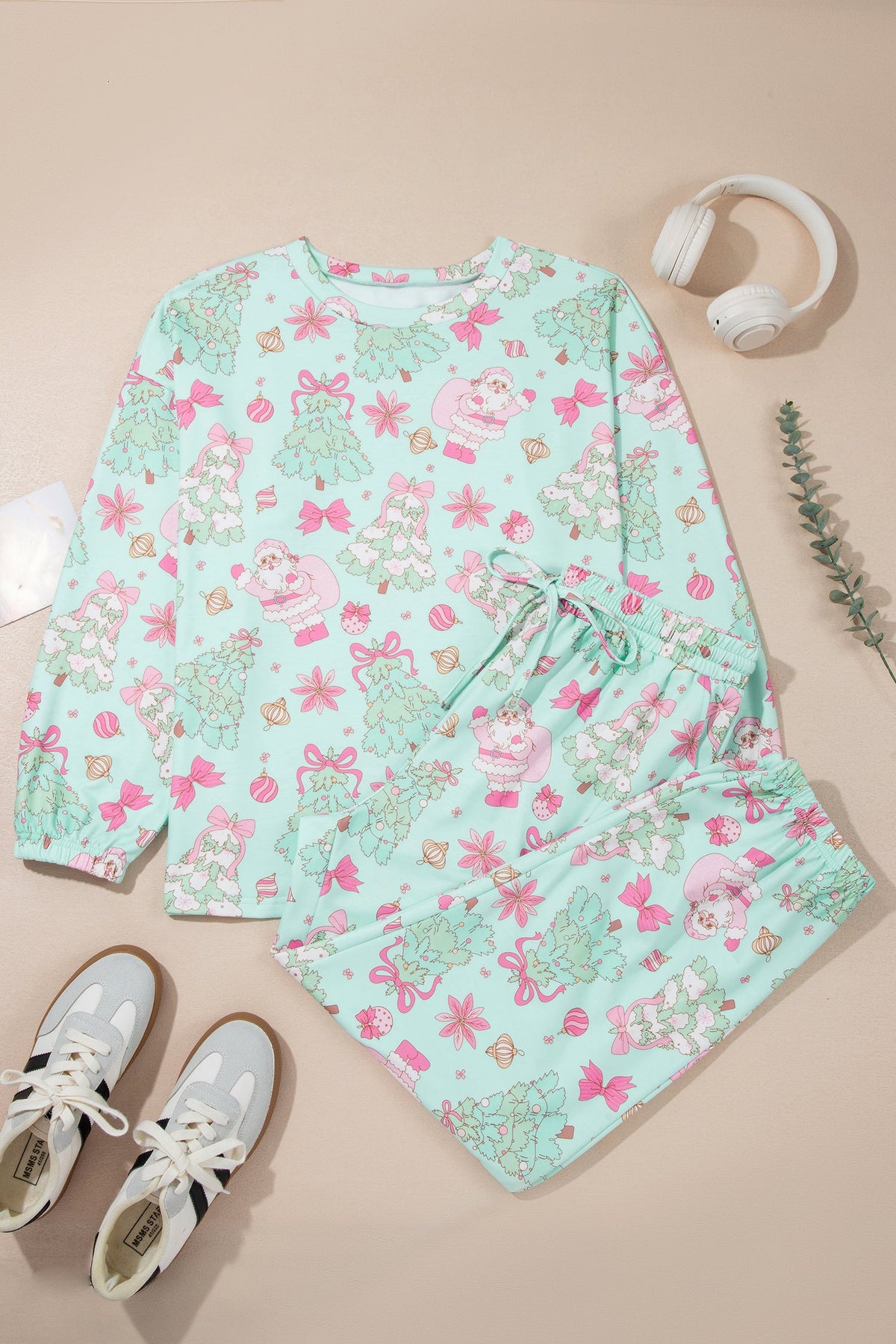 Christmas Santa Tree Pajama Set in green, chest print detail