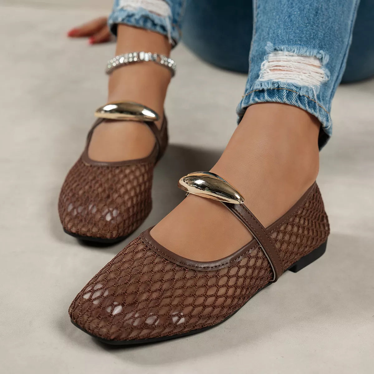 Square Toe Slip-Ons - mesh square toe low heel shoes, view 4