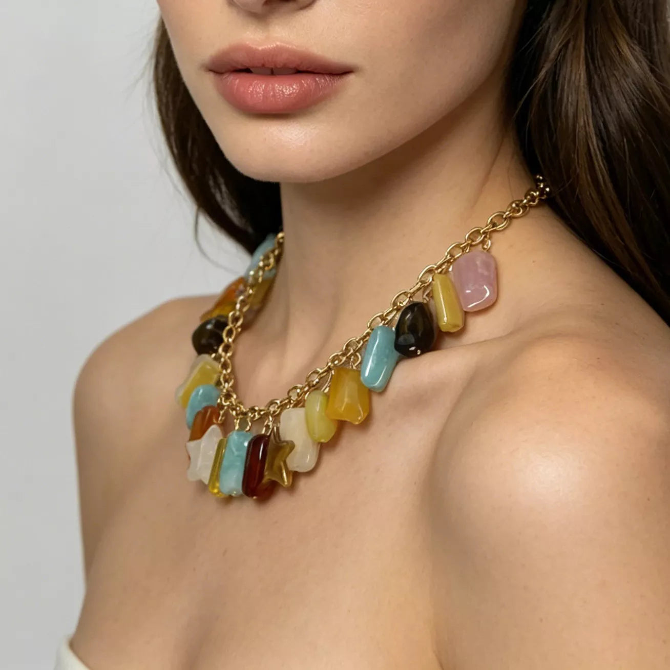 Bohemian Multi-Color Gemstone Charm Necklace - worn view