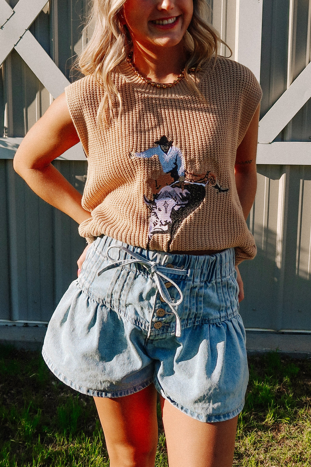 Western Cowboy Embroidery Round Neck Sleeveless Sweater