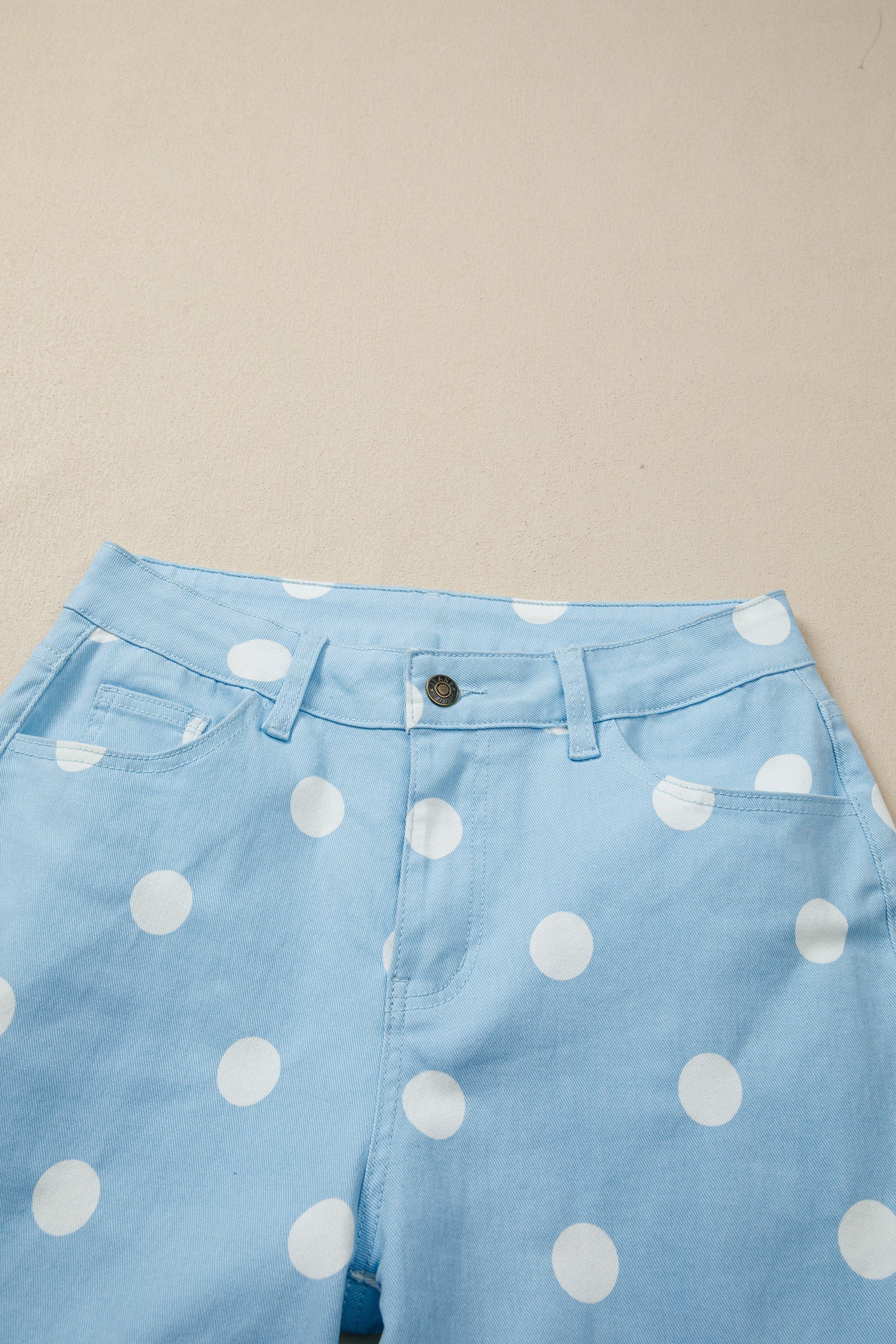 Polka Dot Denim Raw Hem High Waist Jeans in Sky Blue - side view