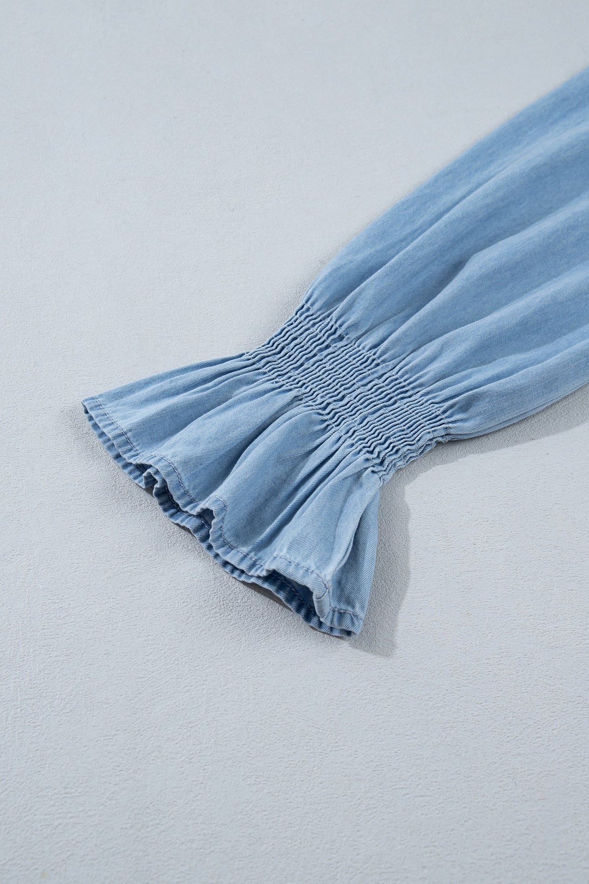 Chambray Ruffle V-Neck Blouse in beau blue, back view