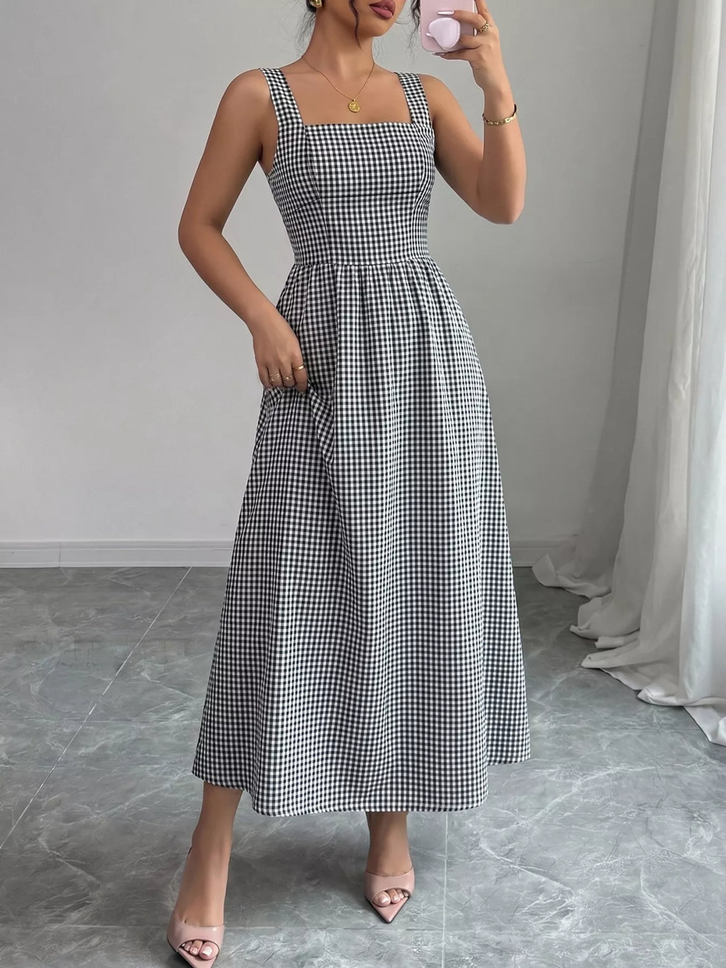 Square Neck Gingham Midi Dress - pleated gingham midi dress, view 2