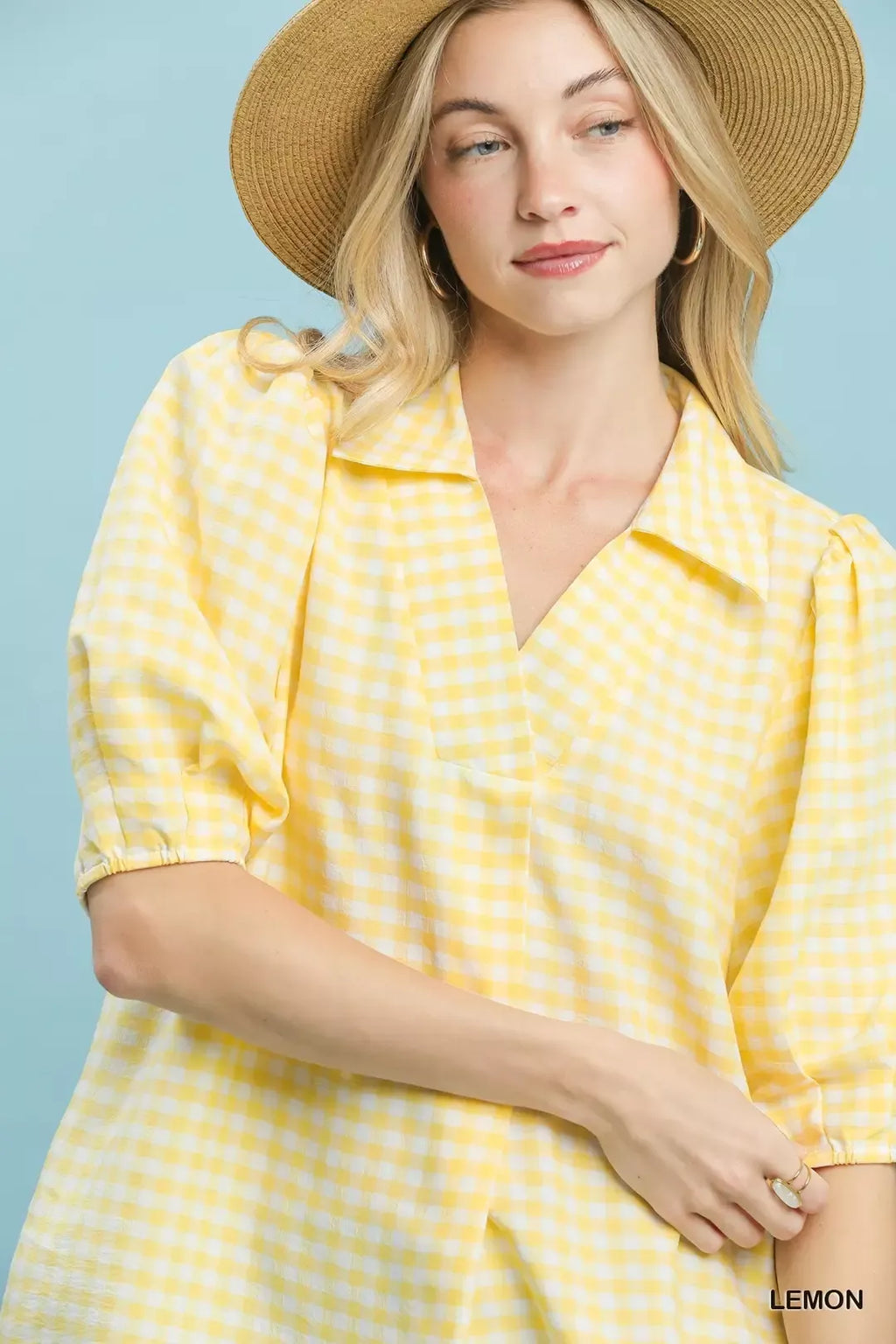 Umgee Gingham Puff Sleeve Collared Blouse in Lemon - close up of puff sleeve and elastic cuff detail