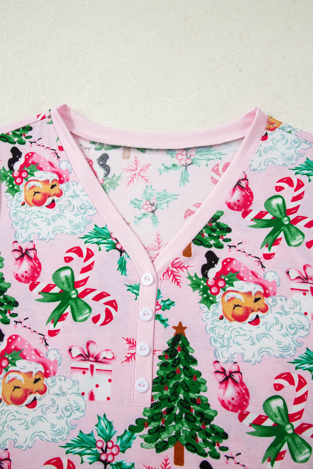 Christmas V-Neck Pullover Pajama Set in white and pink, additional view 3