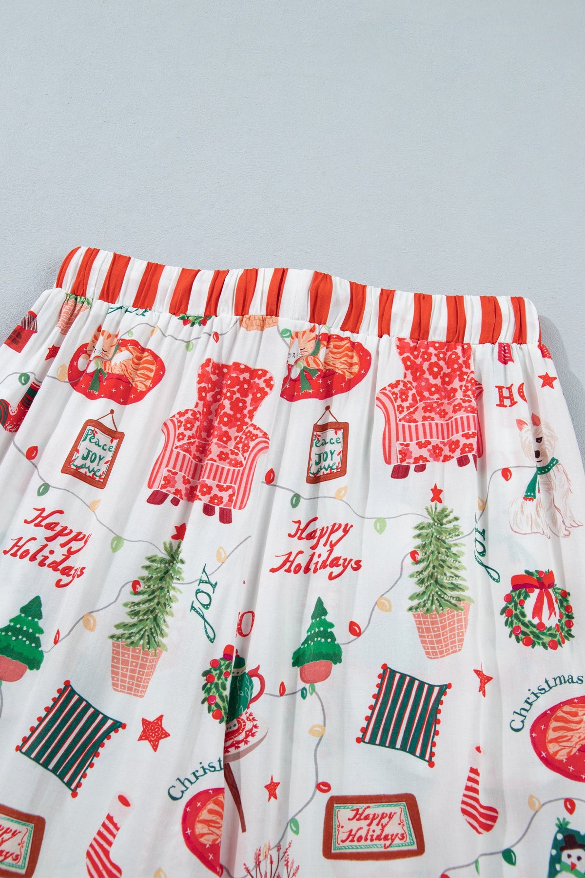 Christmas Stripe Trim Pajama Set in white, close-up print detail