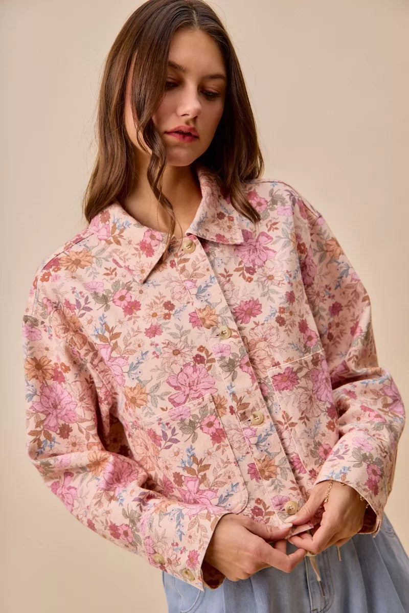 SO ME Floral Print Cotton Twill Button Down Barn Jacket - styled layered over dress