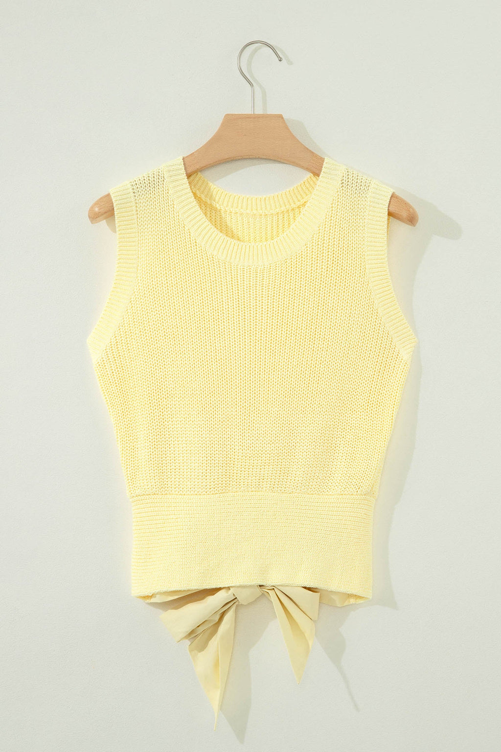 Solid Cropped Tie Back Cutout Sweater Knit Tank in Yellow Cream - back view showing tie back and cutout detail
