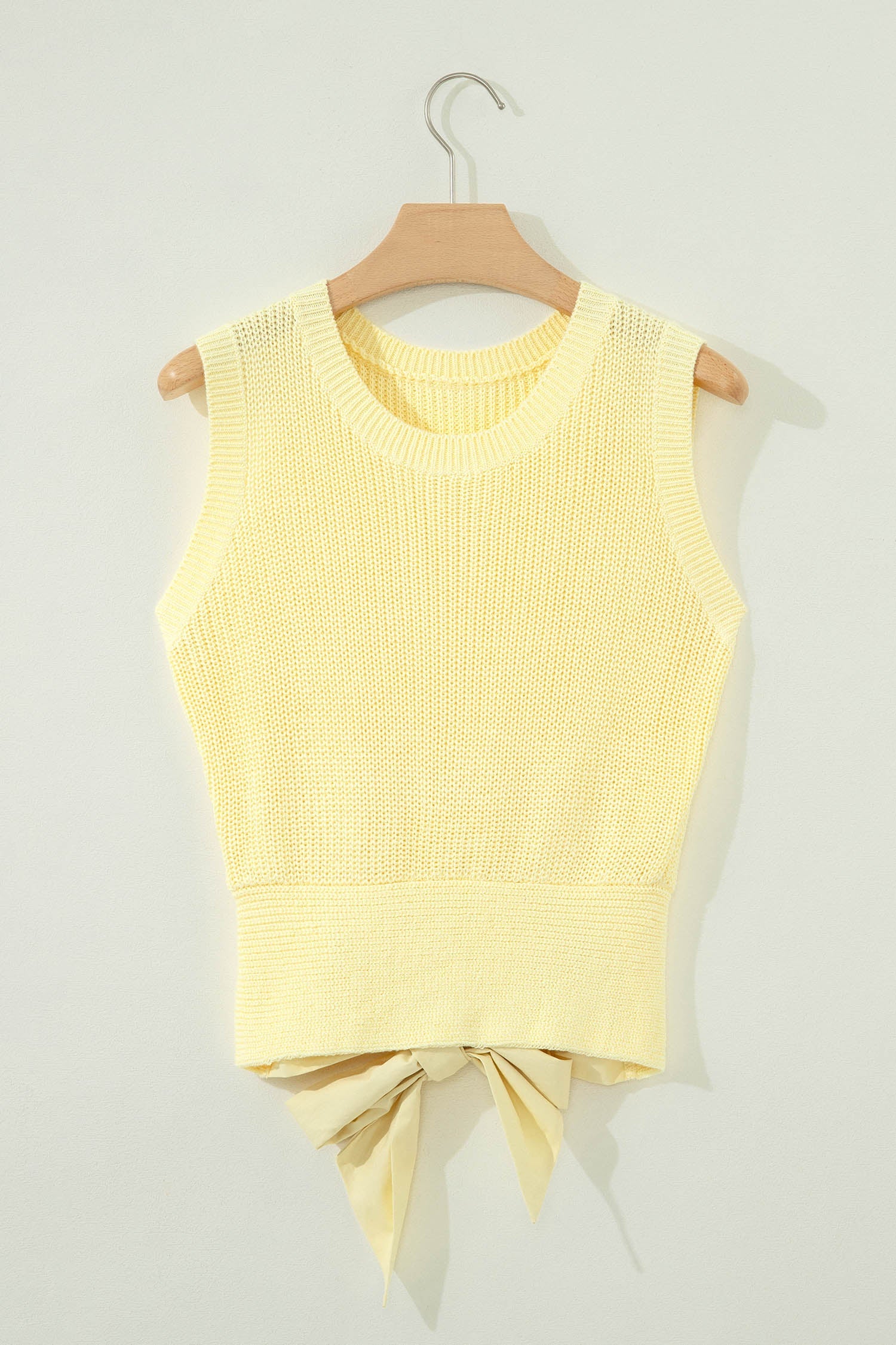 Solid Cropped Tie Back Cutout Sweater Knit Tank in Yellow Cream - back view showing tie back and cutout detail