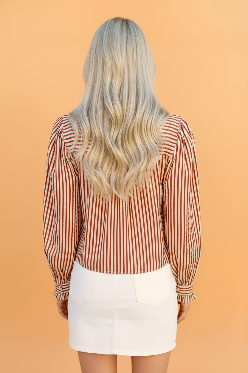 Red Stripe button-up shirt collar detail