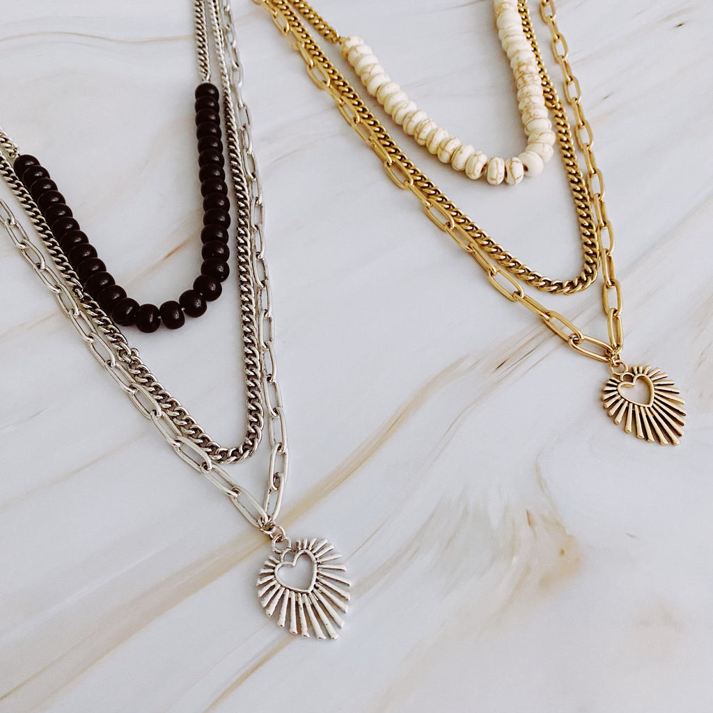 Resin Bead Golden Heart Layered Necklace in Gold - three layer necklace with resin beads