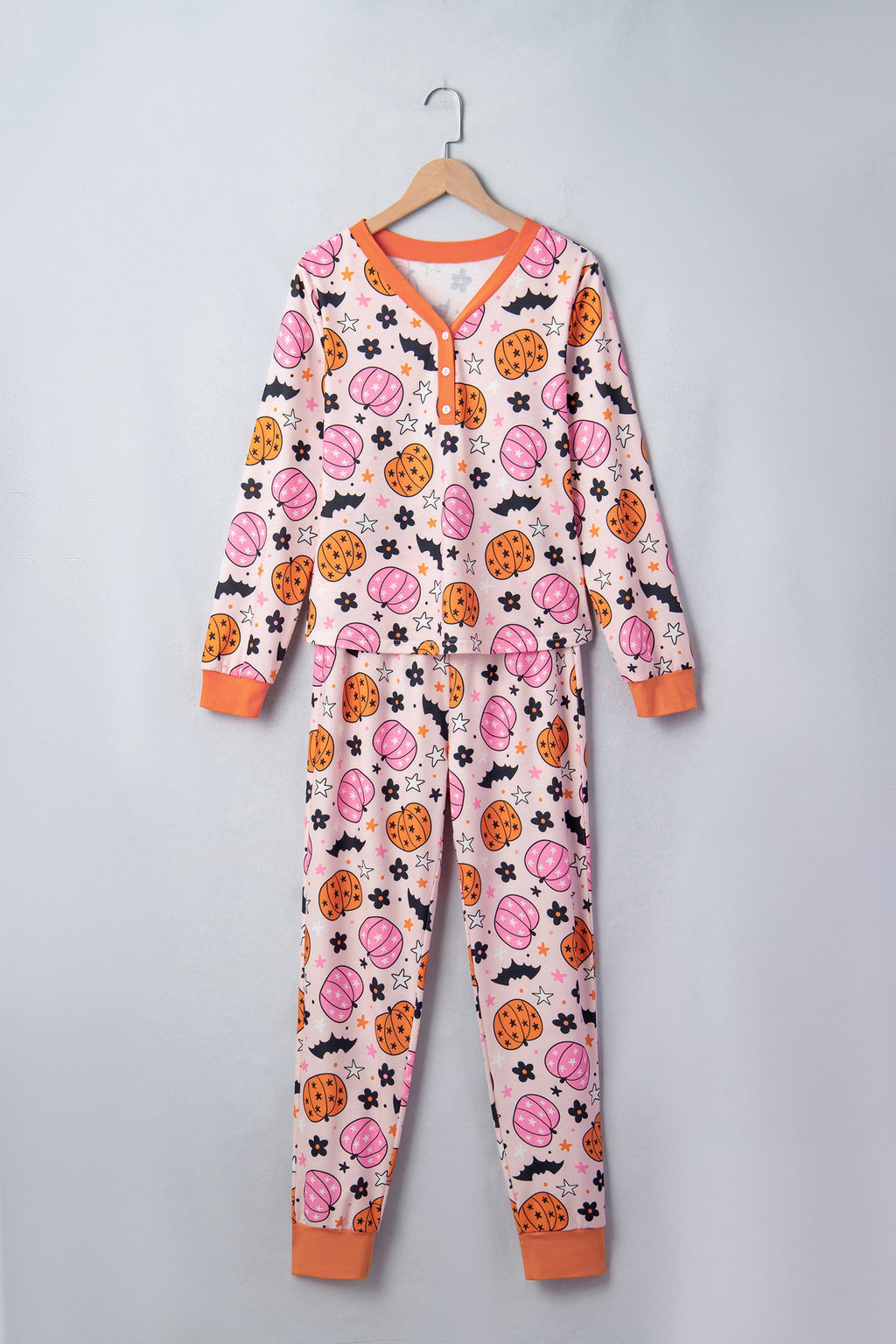 Halloween Pumpkin Long Sleeve Top and Pants Lounge Set in Pink, detail view