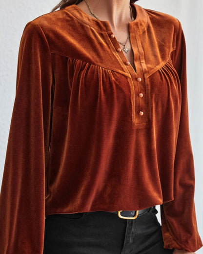 Notched Long Sleeve Velvet Top