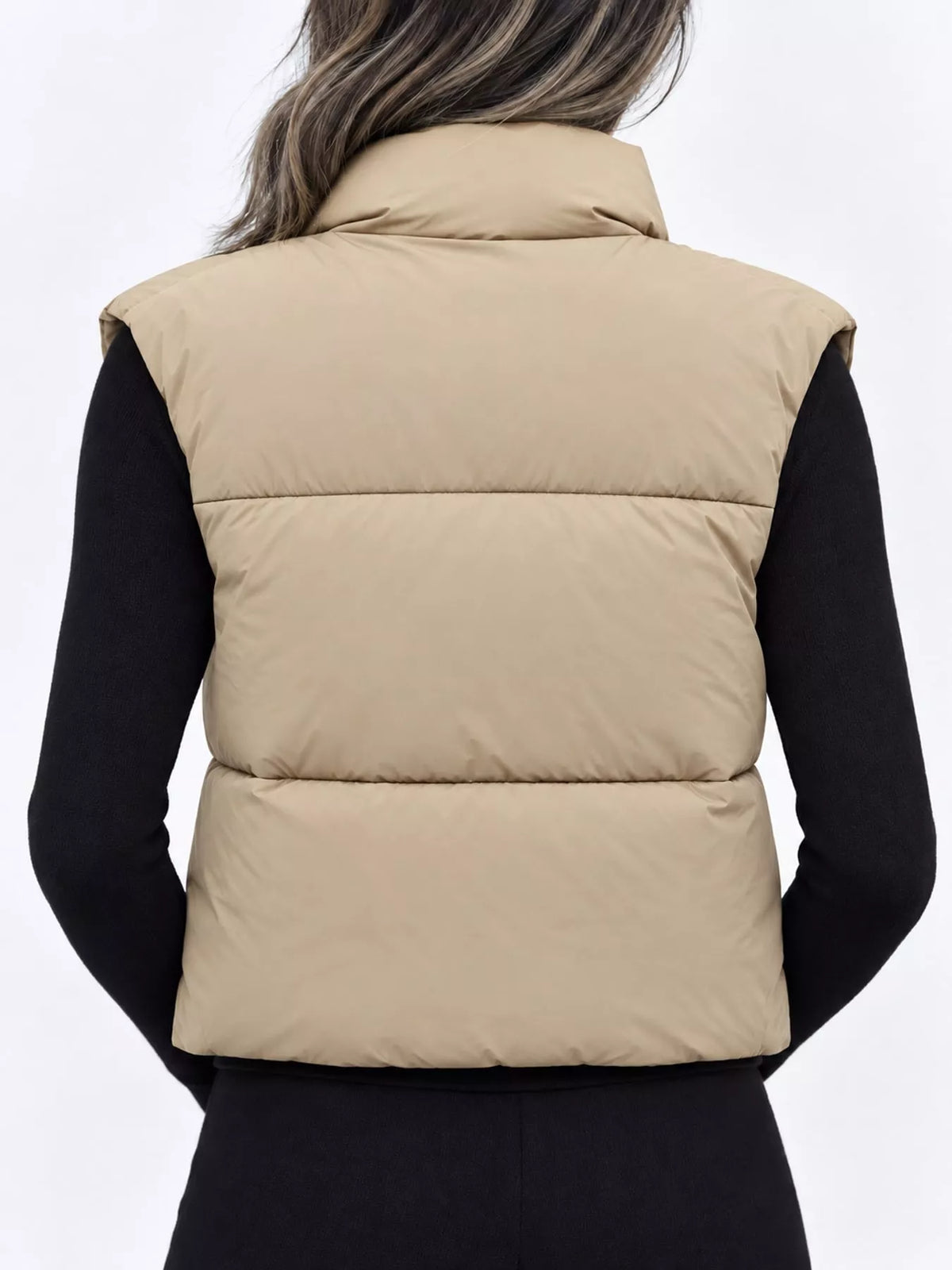 Zip-up puffer vest for women in khaki, black, coffee, pink and white - view 2