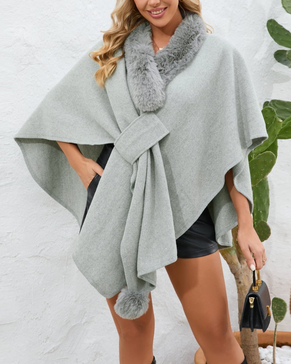 Fuzzy Trim Open Front Poncho