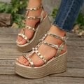 Open Toe Wedge Sandals in Gold - front view showing high wedge heel
