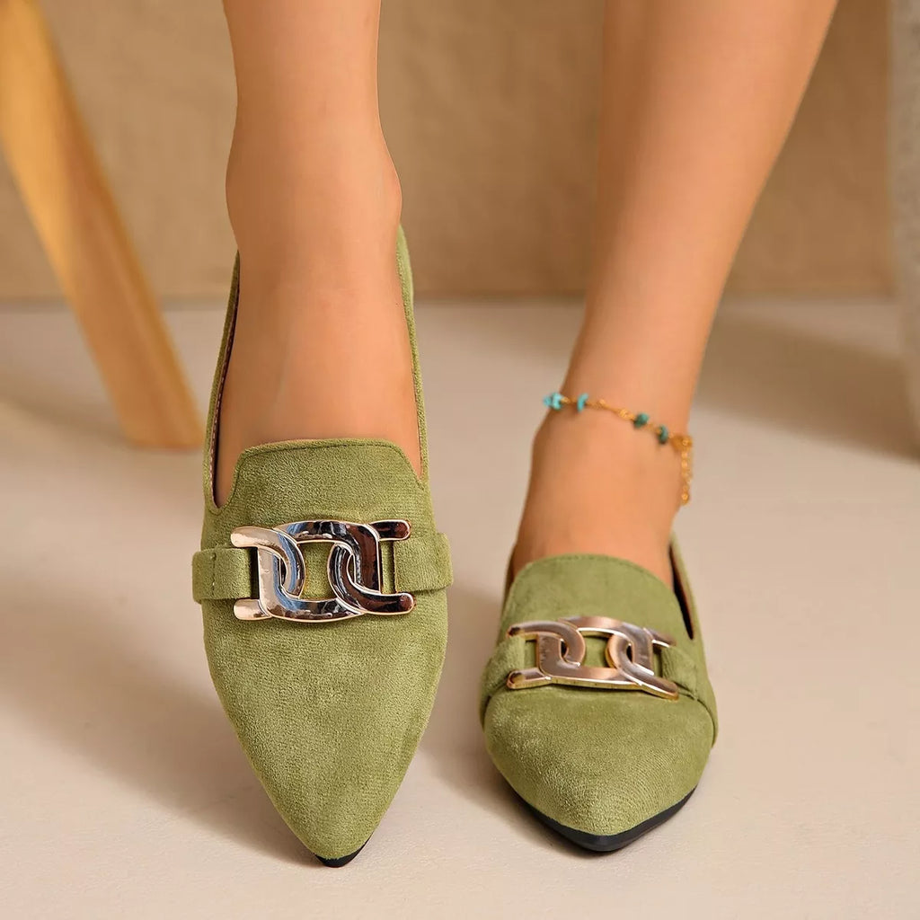 Pointed Toe Chain Detail Loafers in matcha green, black and pink, detail view