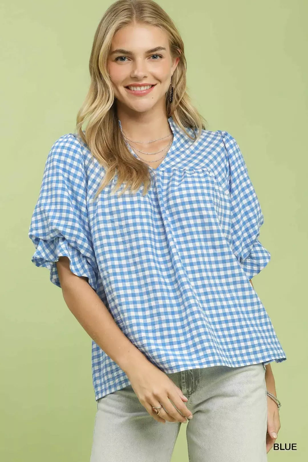 Umgee Gingham Check Blouse with Ruffle Sleeves in Blue - front view showing V-neck and ruffle sleeves