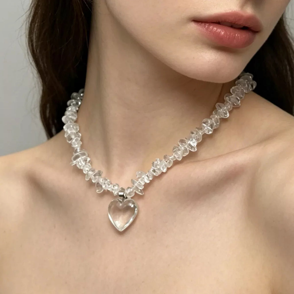 Clear Crystal Heart Pendant Necklace - styled view