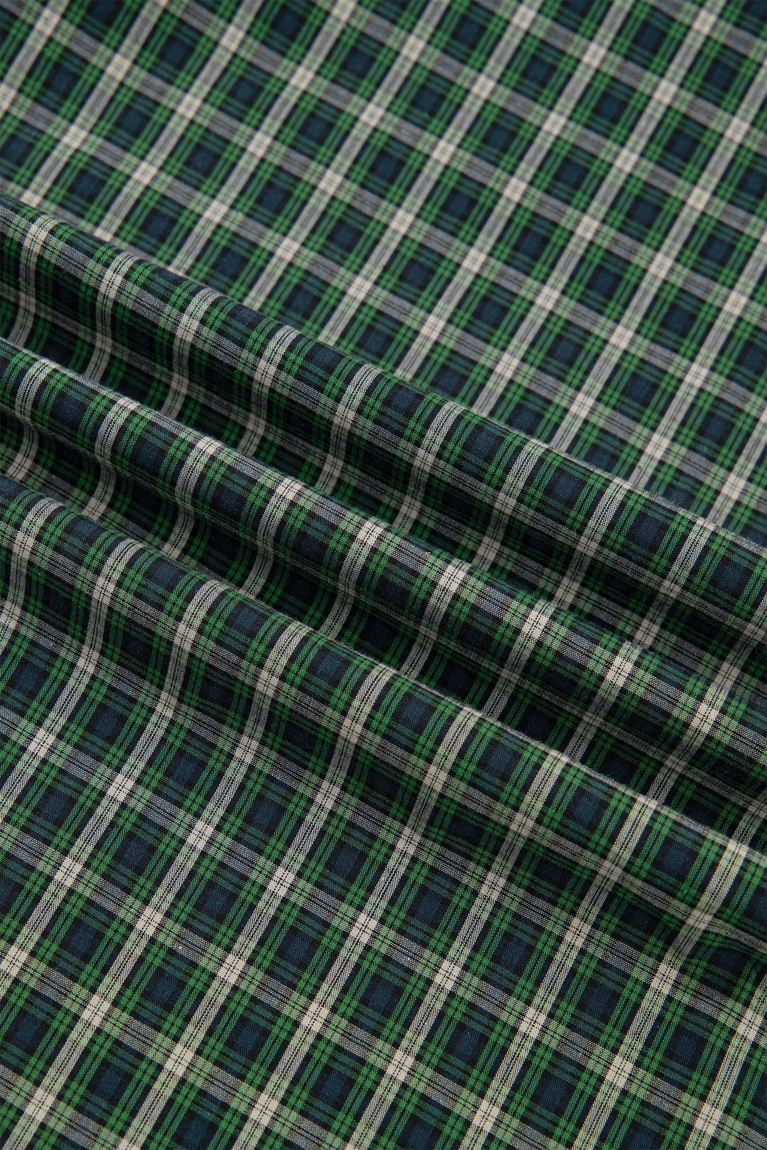 Plaid Shirred High Waist Square Neck Ruffle Hem Dress in Green, close-up detail