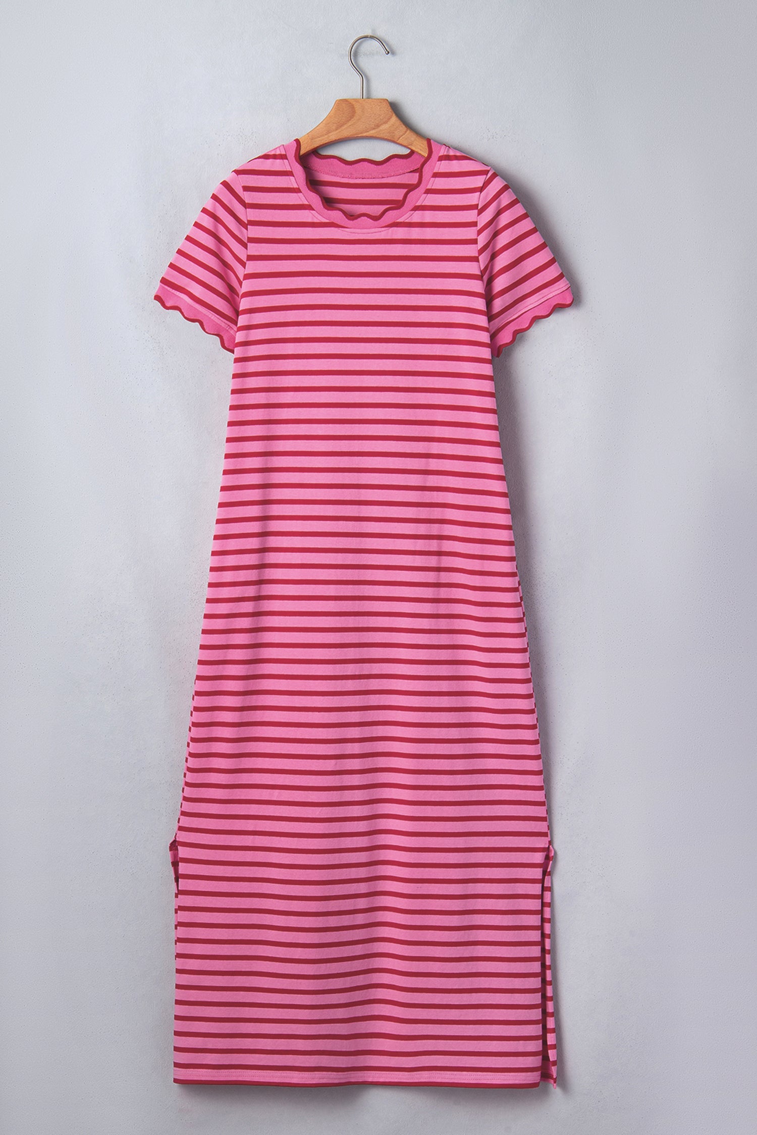Stripe Scalloped Trim Short Sleeve Side Slit Dress in Rose Stripe - back view