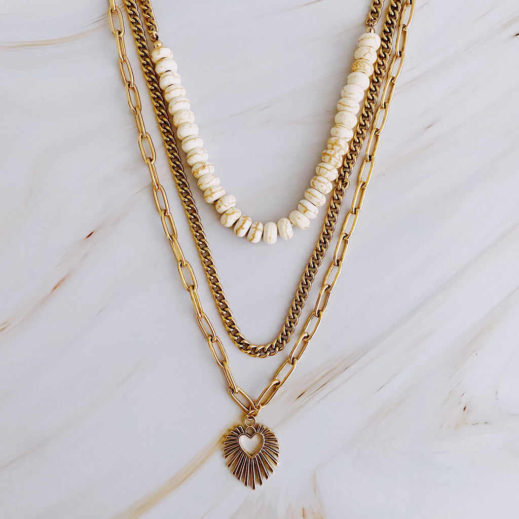 Resin Bead Golden Heart Layered Necklace in Silver
