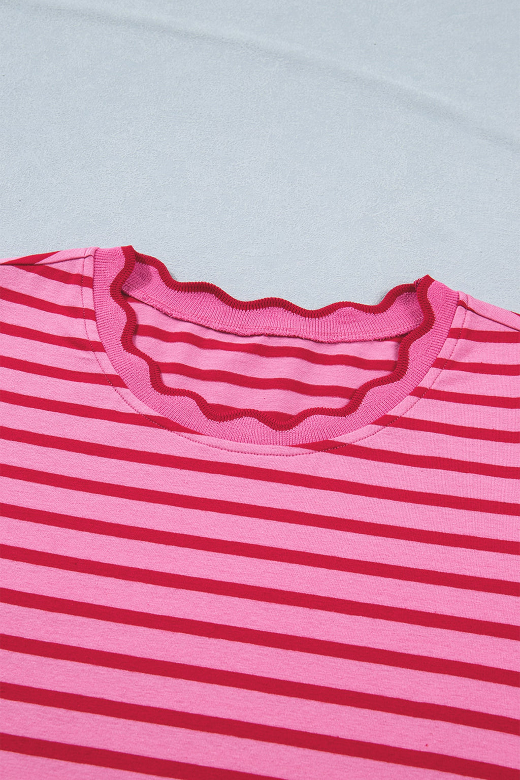 Stripe Scalloped Trim Short Sleeve Side Slit Dress in Rose Stripe - close up of scalloped trim detail