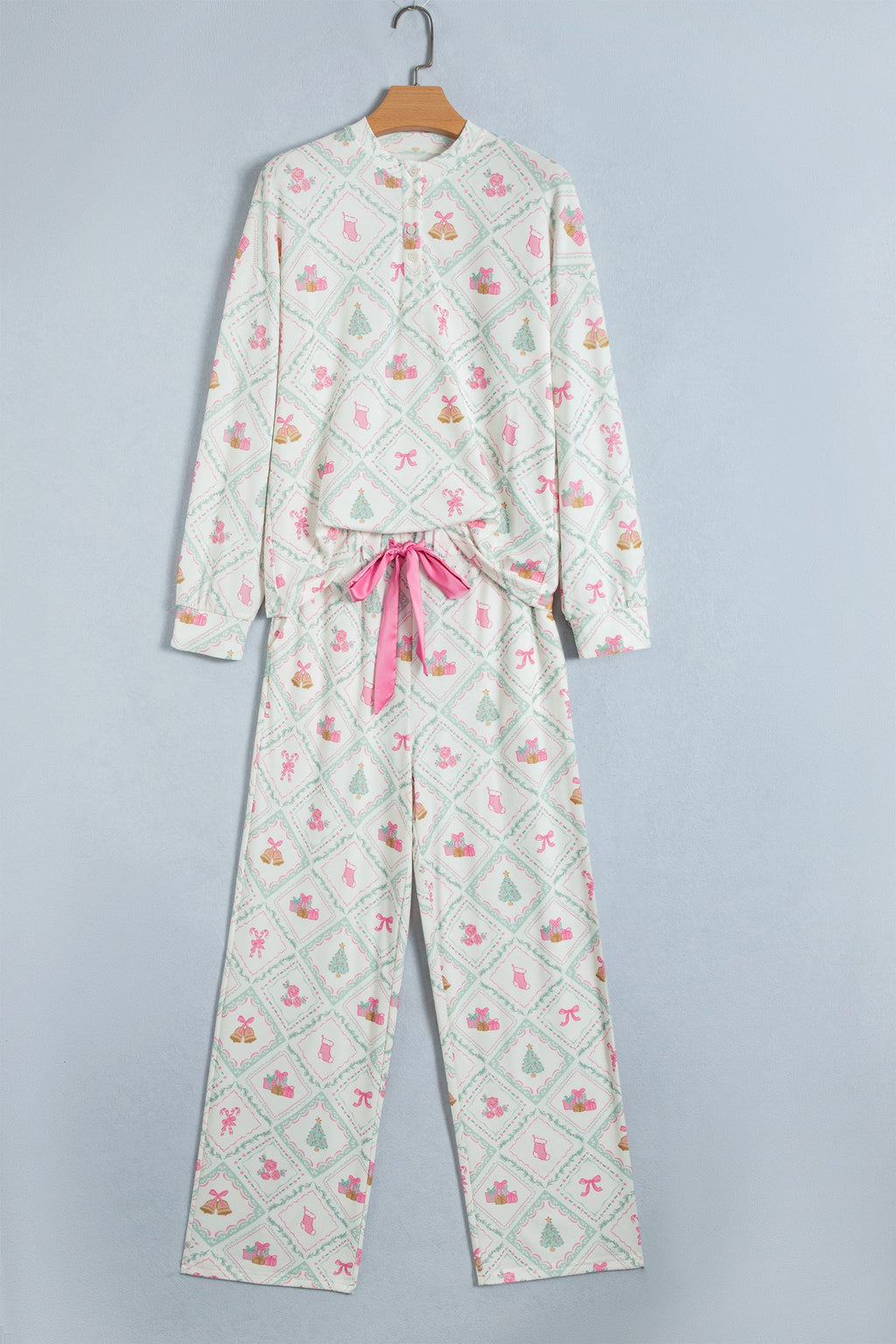 Christmas Patchwork Henley Pajama Set in white, detail view