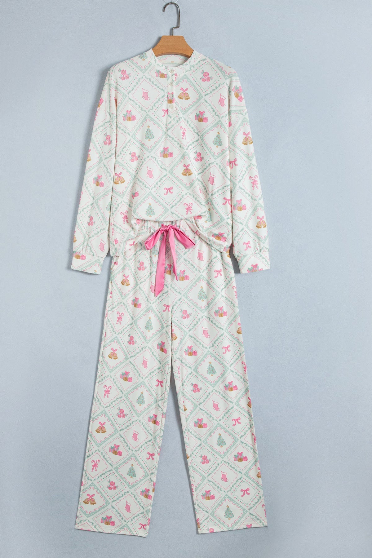 Christmas Patchwork Henley Pajama Set in white, detail view
