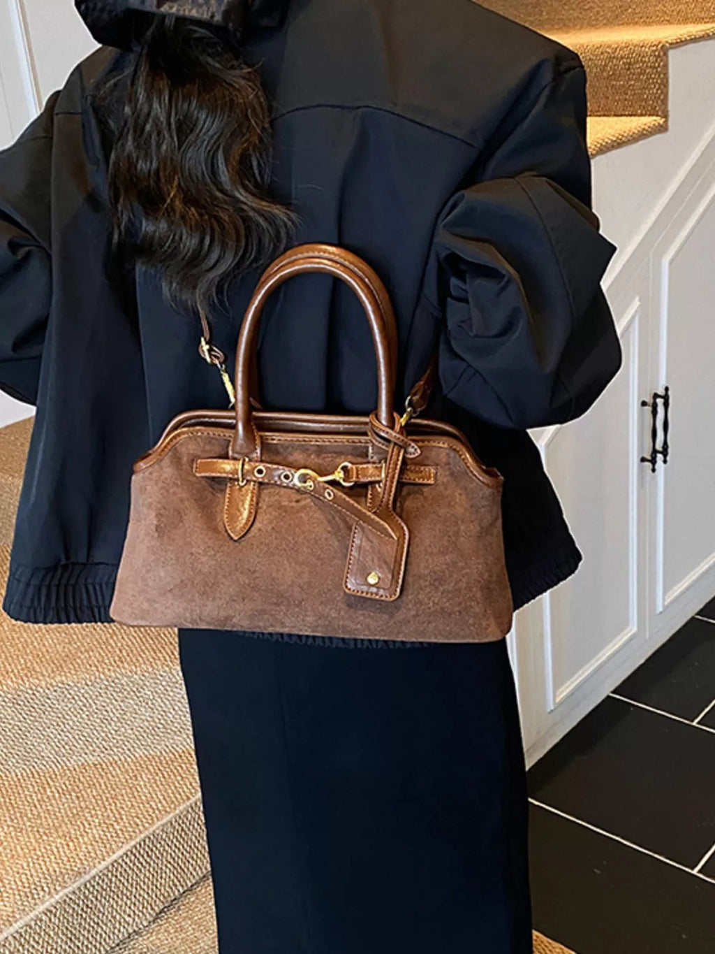 Suede Buckle Detail Handbag in black, coffee brown, green and yellow, side view