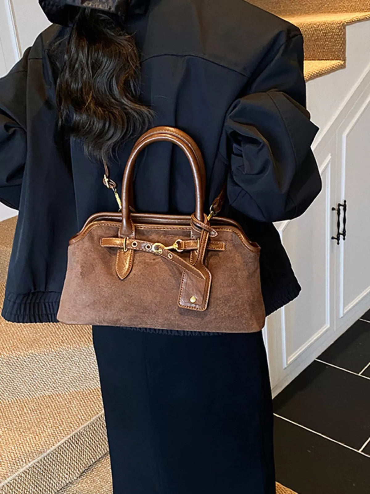 Suede Buckle Detail Handbag in black, coffee brown, green and yellow, side view