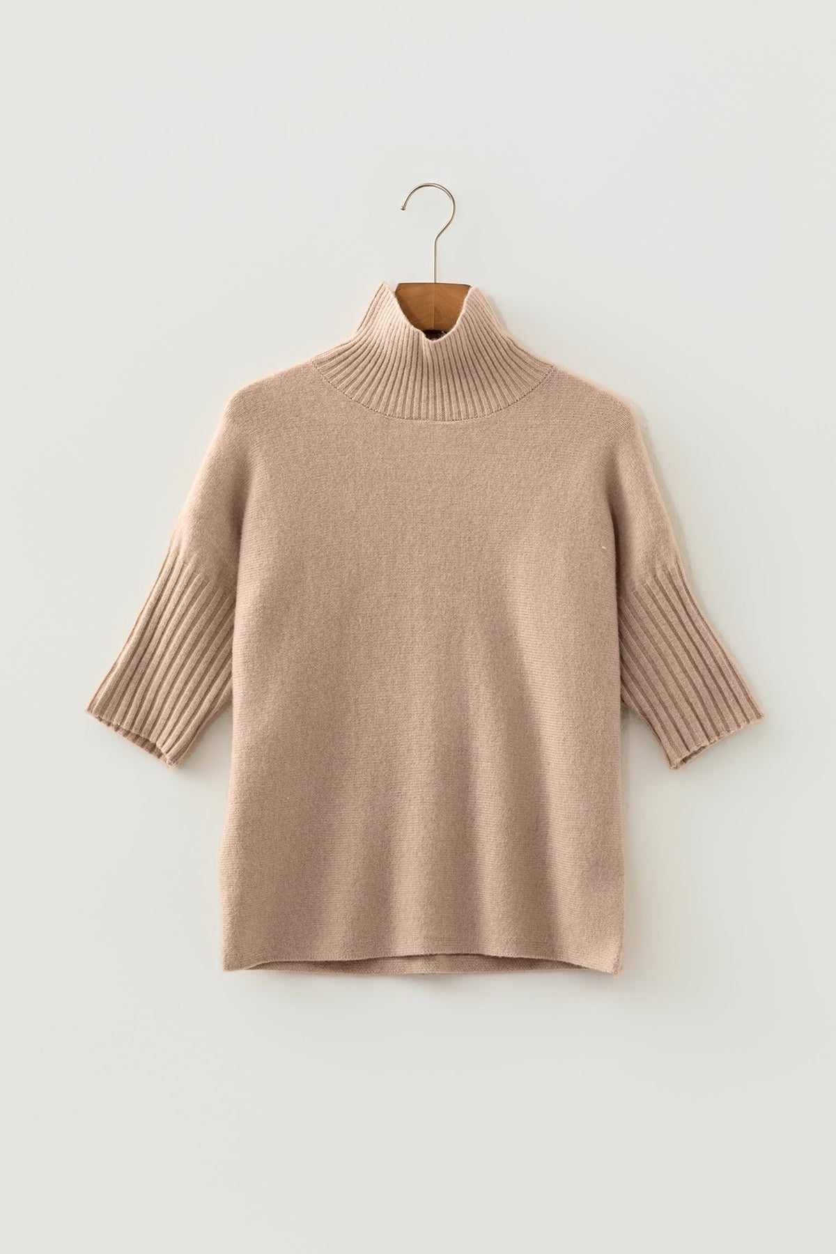 Ribbed Trim High Neck Sweater in beige, detail