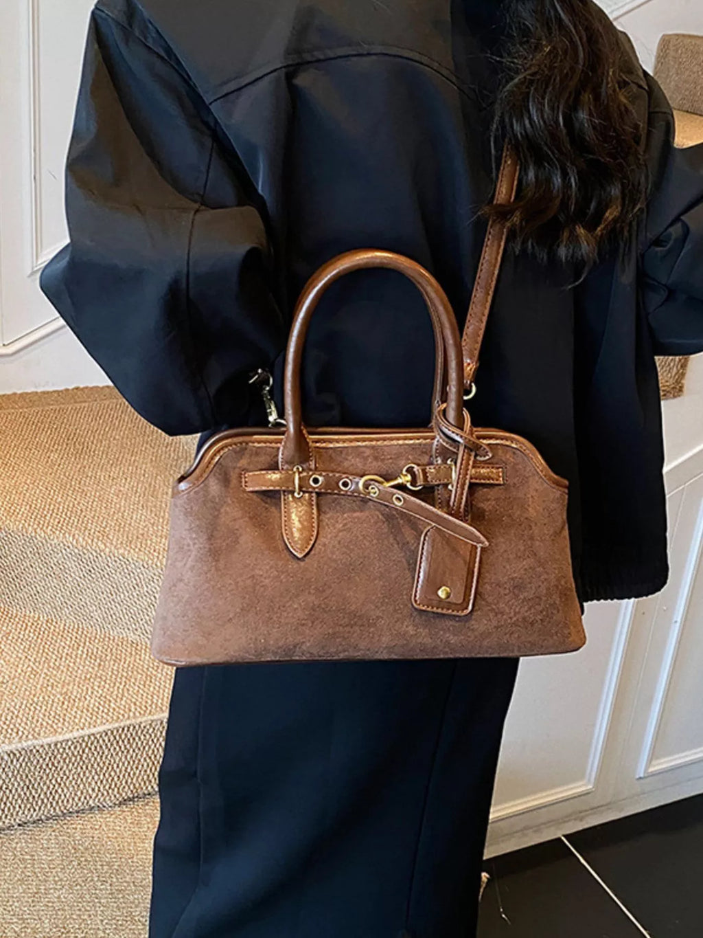 Suede Buckle Detail Handbag in black, coffee brown, green and yellow, styled view