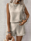 Round Neck Sleeveless Top and Shorts Set - buttoned two-piece set, view 1