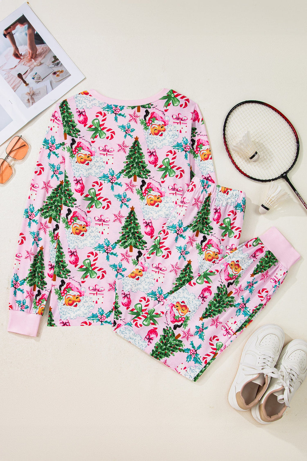 Christmas V-Neck Pullover Pajama Set in white and pink, additional view 2
