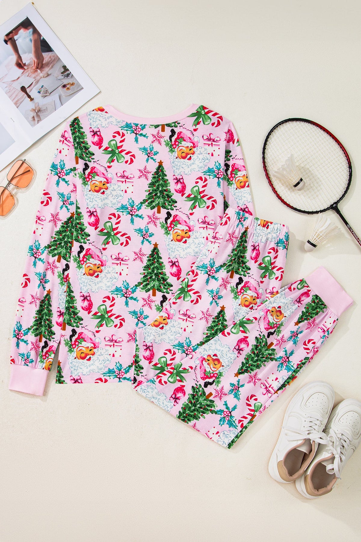 Christmas V-Neck Pullover Pajama Set in white and pink, additional view 2
