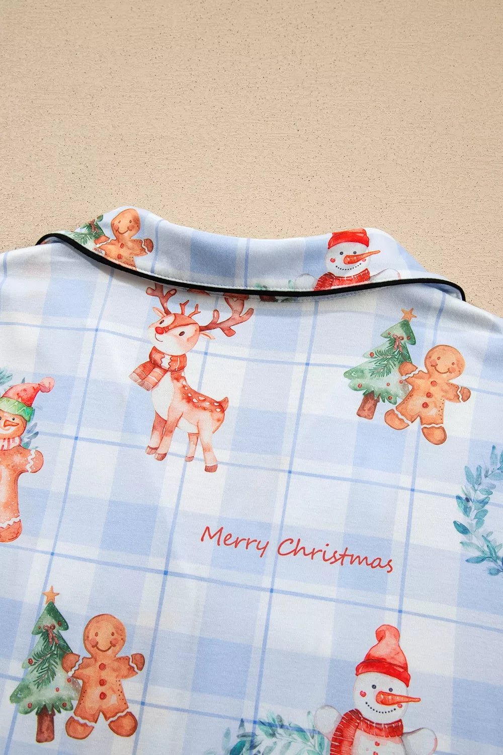 Light blue plaid Christmas pajama set with button-front shirt and pants - view 5
