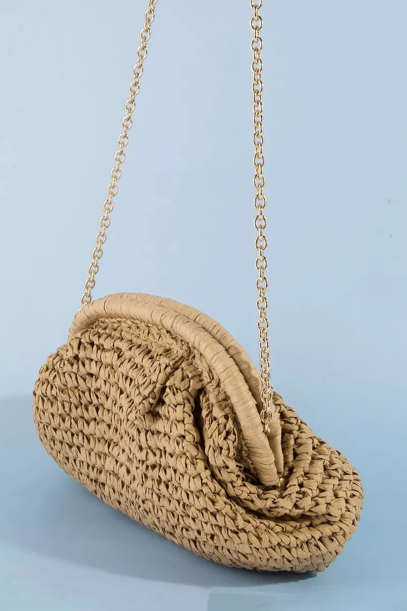 Fame Woven Raffia Frame Shoulder Bag - side view showing frame structure
