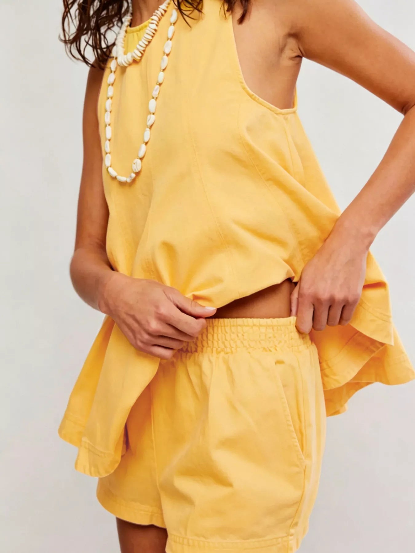 Sleeveless Top and Shorts Denim Set in Turmeric, styled view