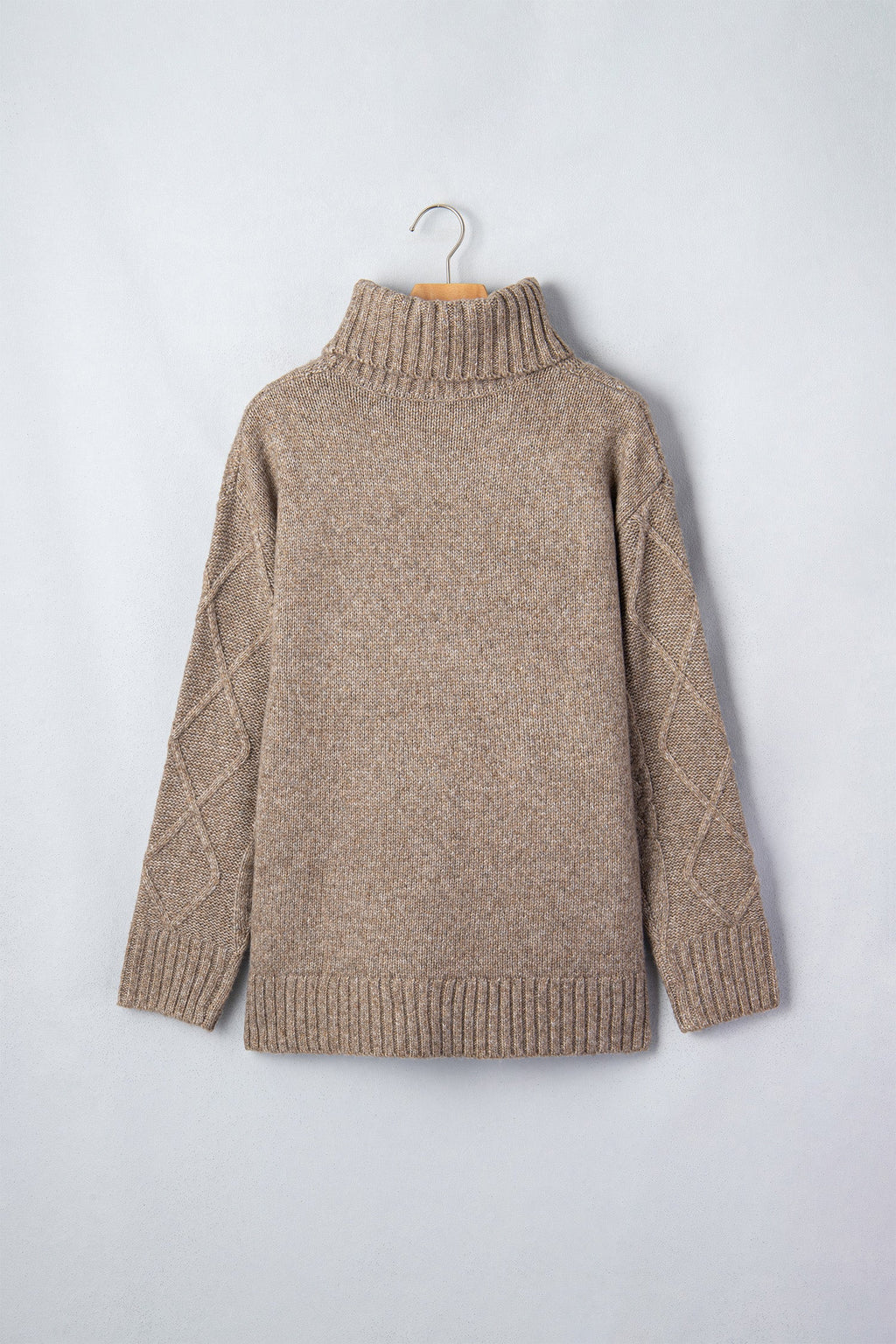 Cable Knit Turtleneck Split Hem Sweater in dark khaki, styled view