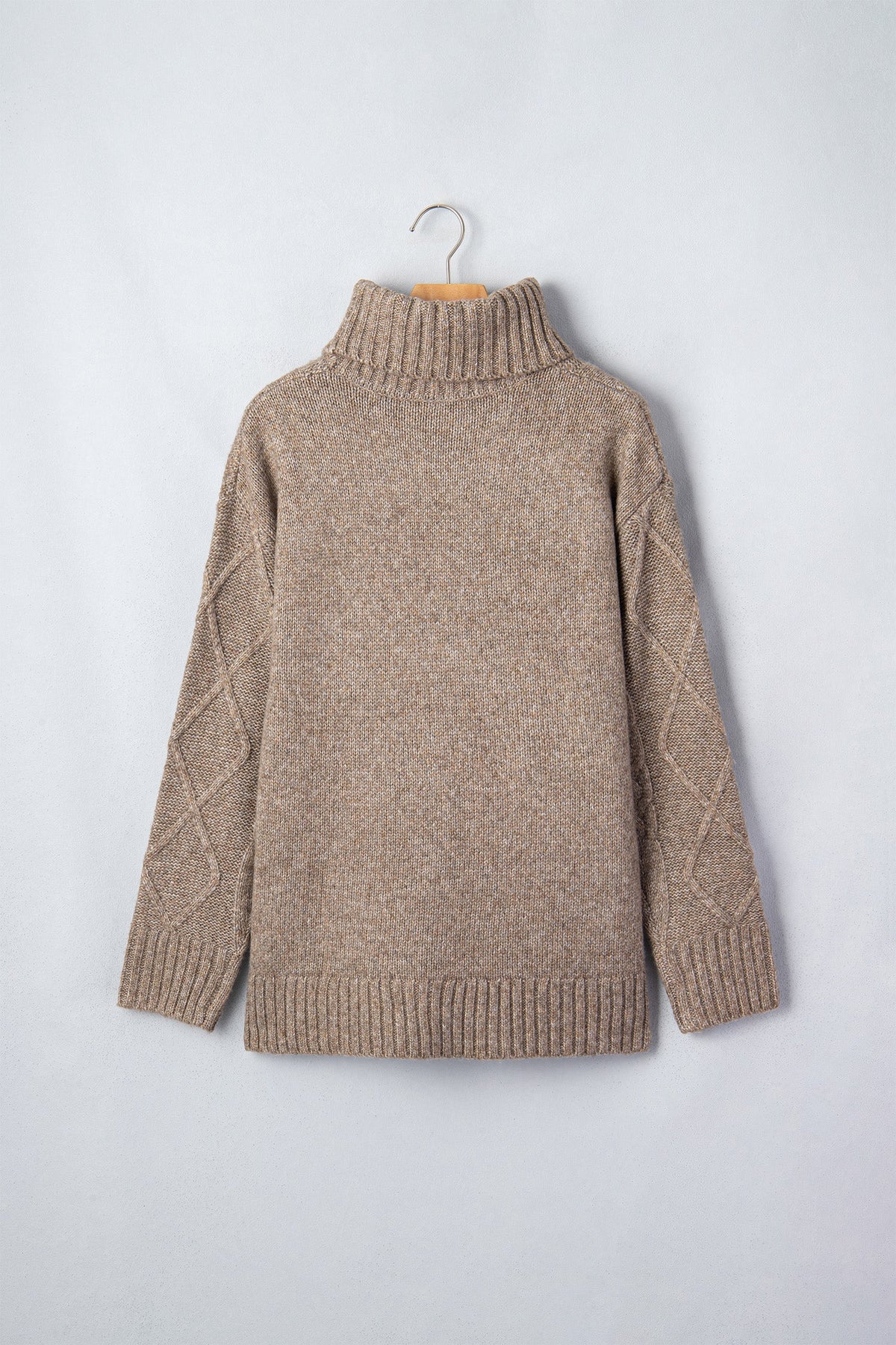 Cable Knit Turtleneck Split Hem Sweater in dark khaki, styled view