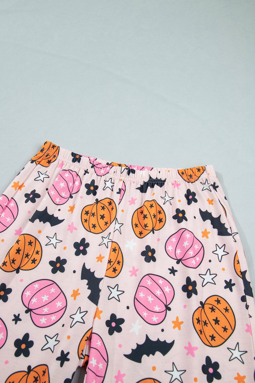 Halloween Pumpkin Long Sleeve Top and Pants Lounge Set in Pink, close-up print detail