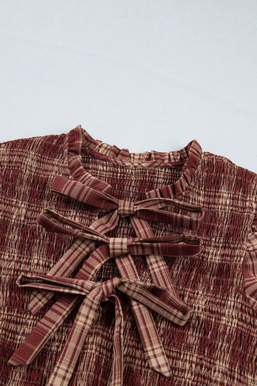 Plaid Vintage Knot Front Smocked High Waist Midi Dress in Red, back view