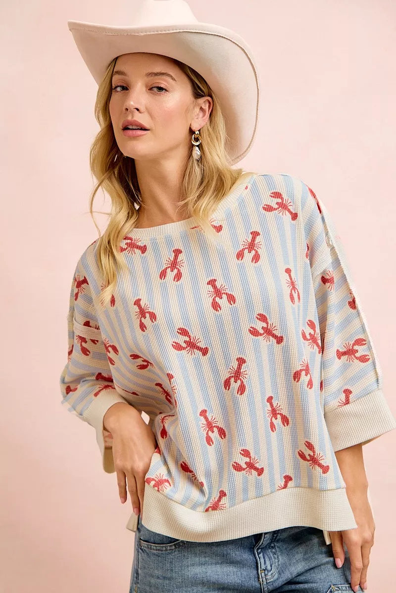 BiBi 4th Of July Lobsters Stripe Waffle Knit Sleeve Top in Light Blue Red - front view