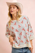 BiBi 4th Of July Lobsters Stripe Waffle Knit Sleeve Top in Light Blue Red - front view