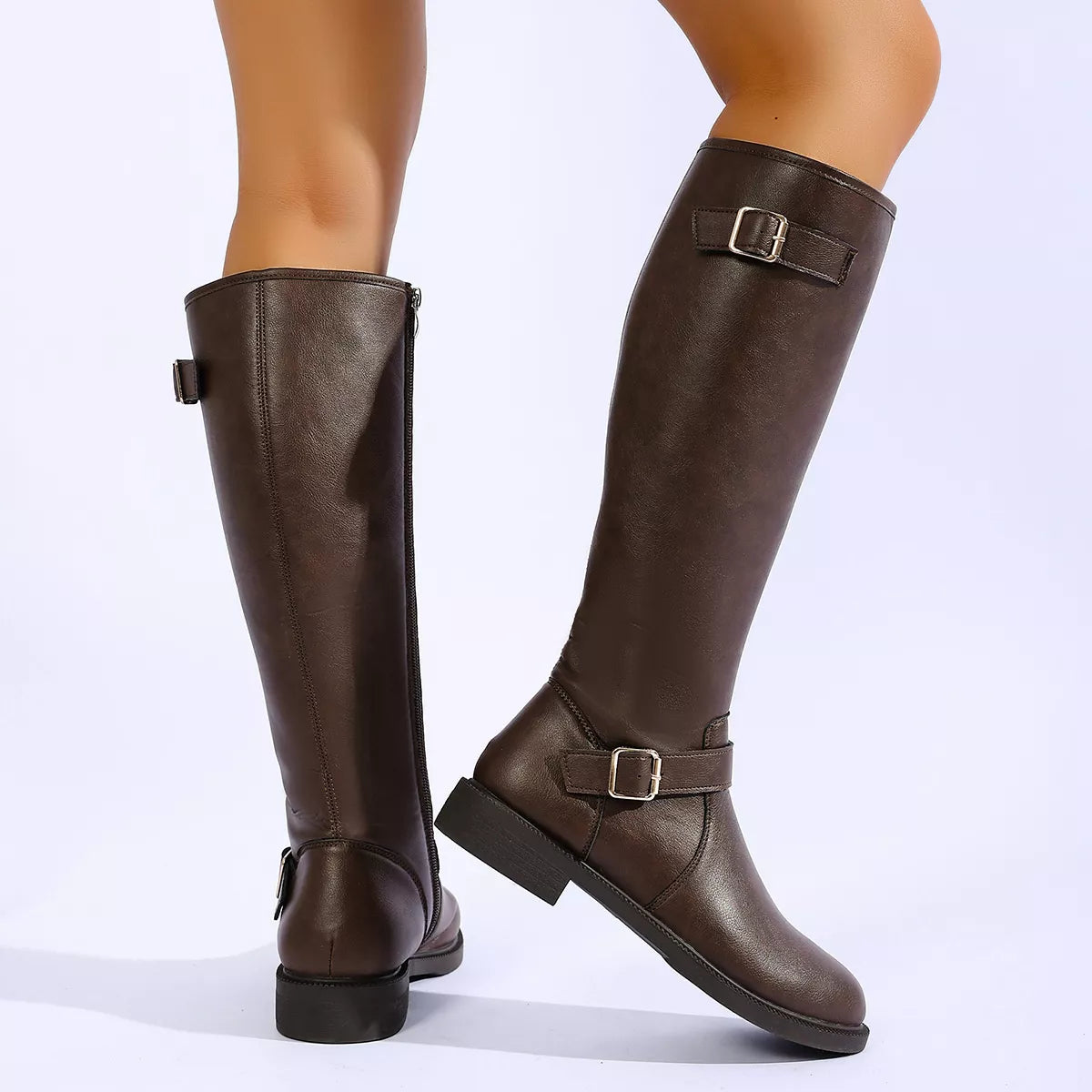 Round Toe Buckle Detail Boots - styled view