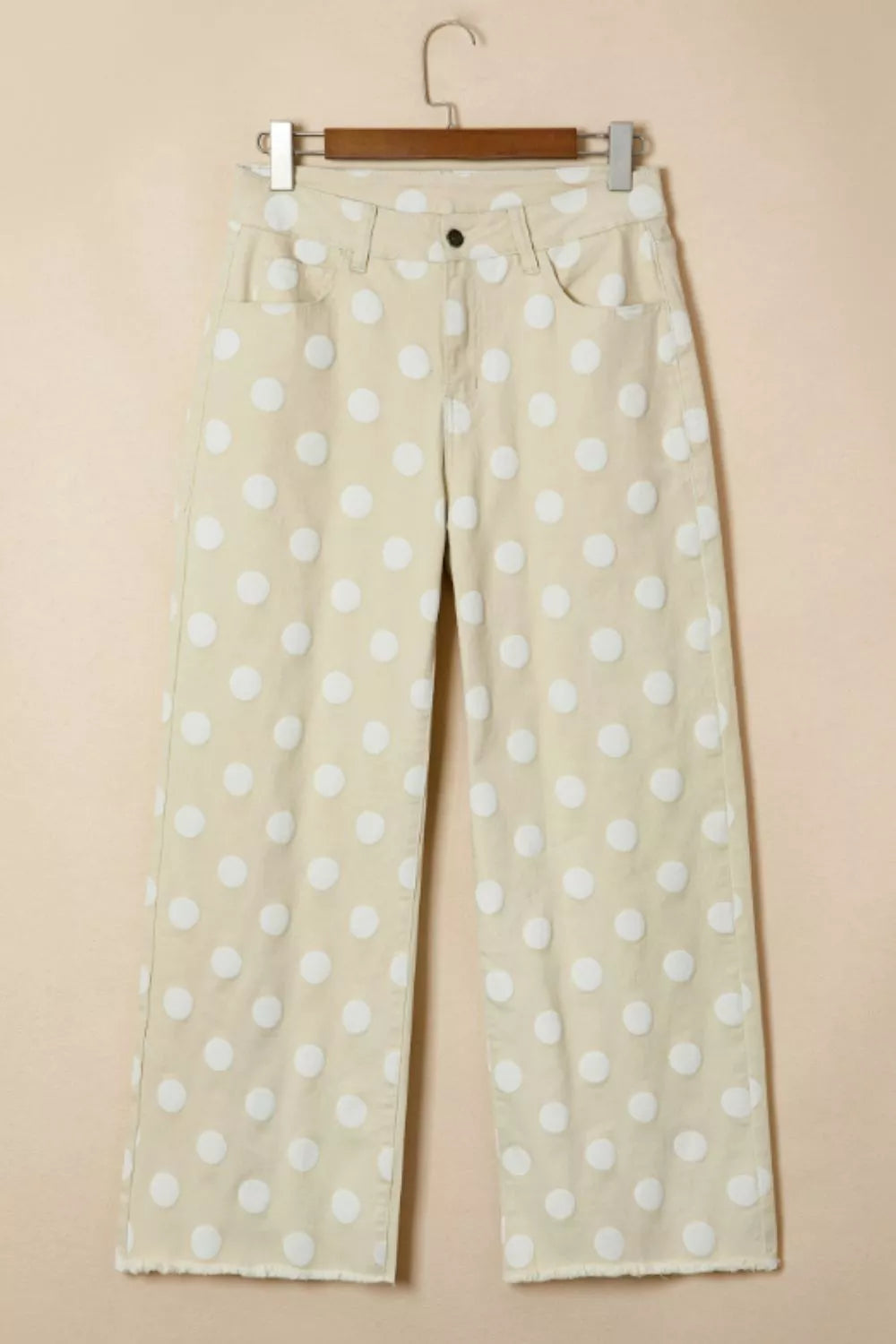 Polka Dot High-Waisted Wide Leg Jeans in Ivory - side view showing wide leg silhouette
