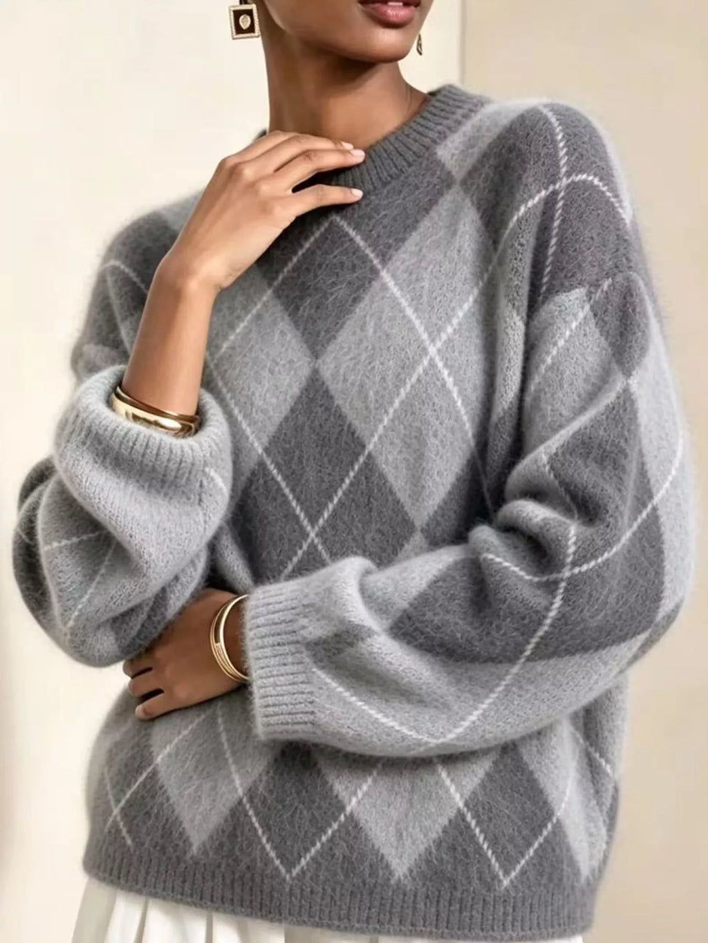 Argyle fuzzy knit sweater, women's relaxed fit - view 20