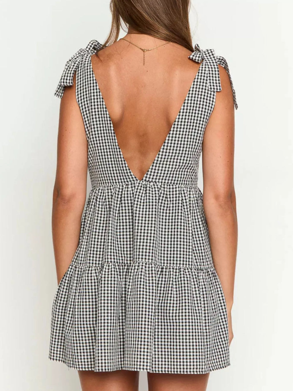 Gingham Tie-Shoulder Mini Dress - styled outfit view